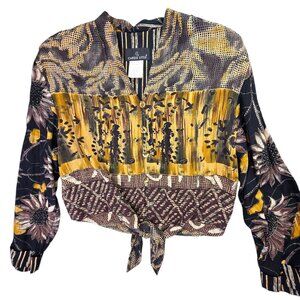 Vintage Carole Little Shirt Womens 10 M Black Brown Tie Front Sunflower Germany